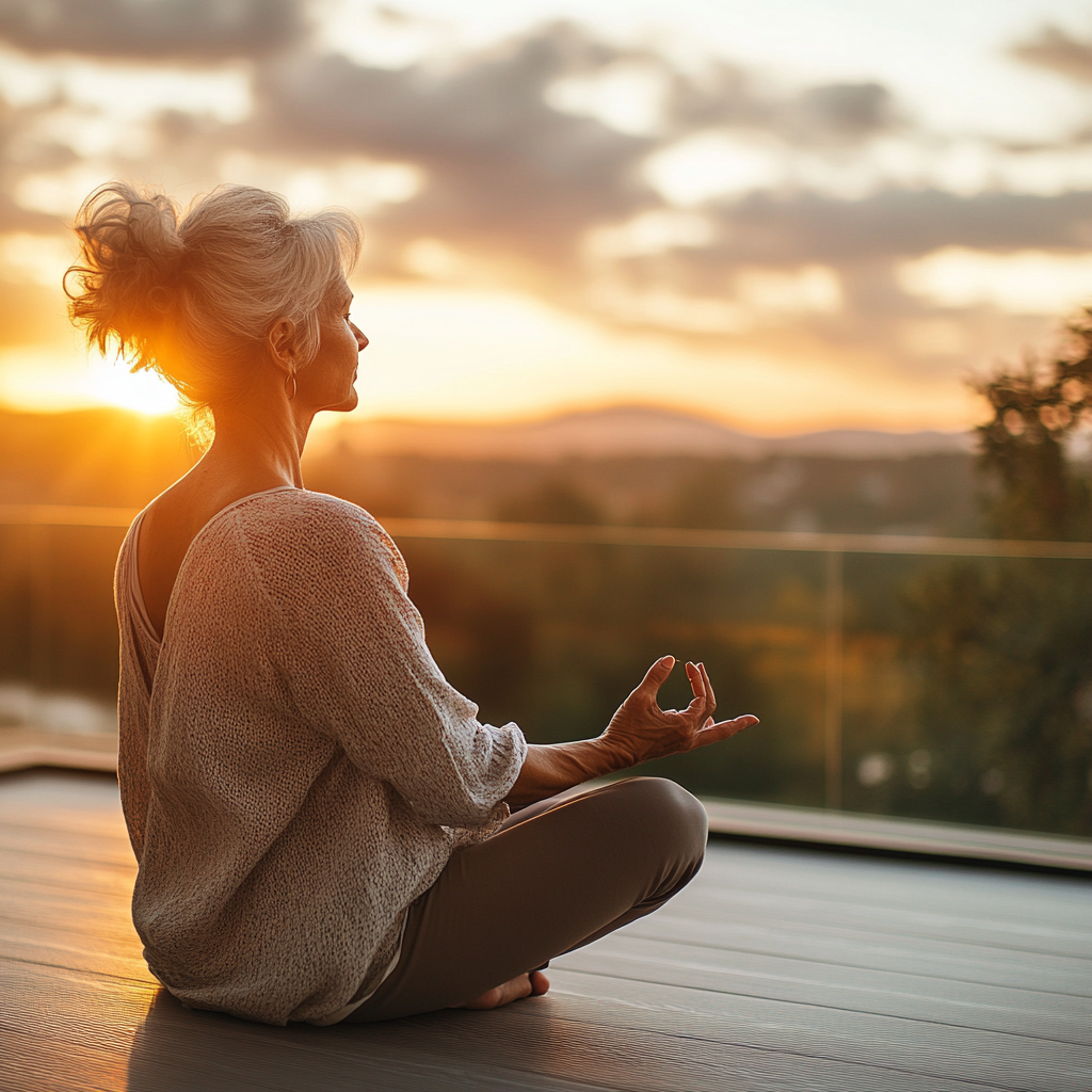 Людина практикує ранкову йогу на балконі з видом на схід сонця