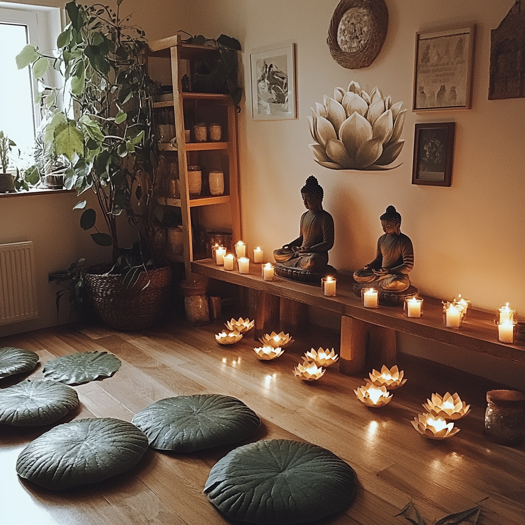 Мирний куточок студії з лотосами та свічками для медитації